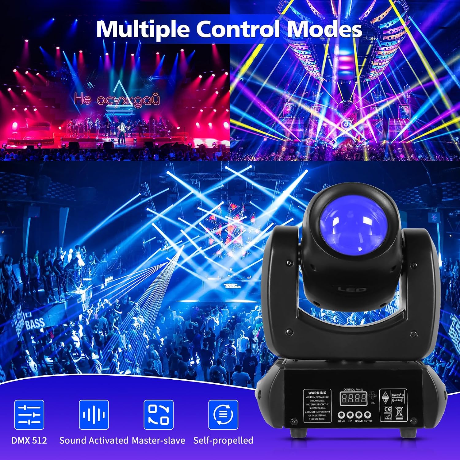 HOLDLAMP 120W LED Moving Head Light with Rotating 18-Facet Prism, Gobos and 8 Colors by DMX and Sound Activated Control (Moving Heads 4 Pack)