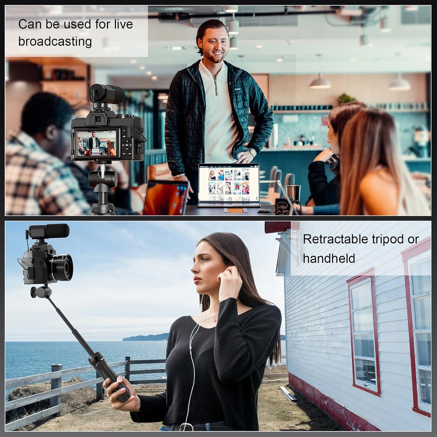8K Digital Cameras for Photography, 64MP Vlogging Camera with 180°Flip Screen，2 Batteries, 64GB TF Card，16X Zoom, WiFi, 3 Color Filters,Microphone, Tripod, Wide & Macro Lens Kit (Black)