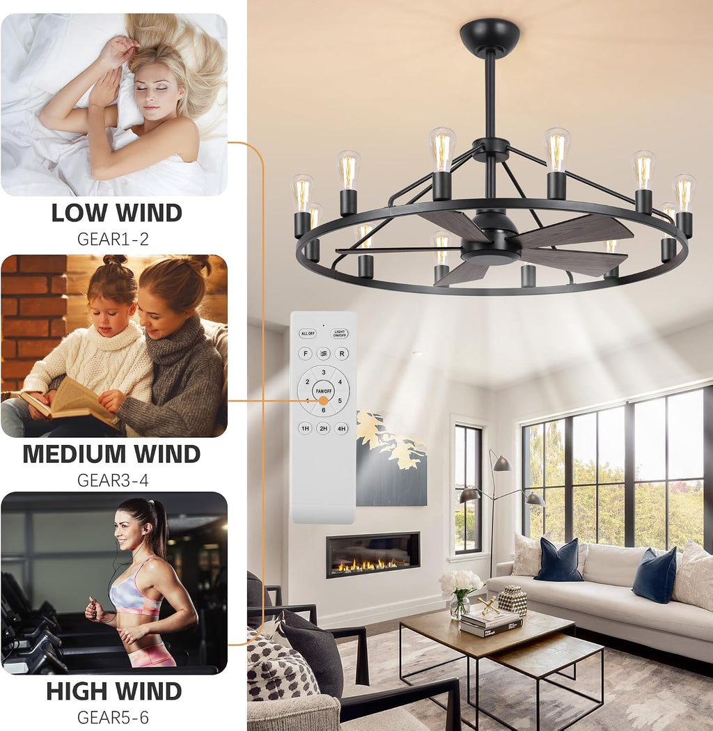 She's home 43' Black Wagon Wheel Chandelier Fan with Light, 12-Lights Large Round Candle Farmhouse Fandelier Ceiling Fan with Light Fixture for Living Room, Dining Room, Height Adjustable