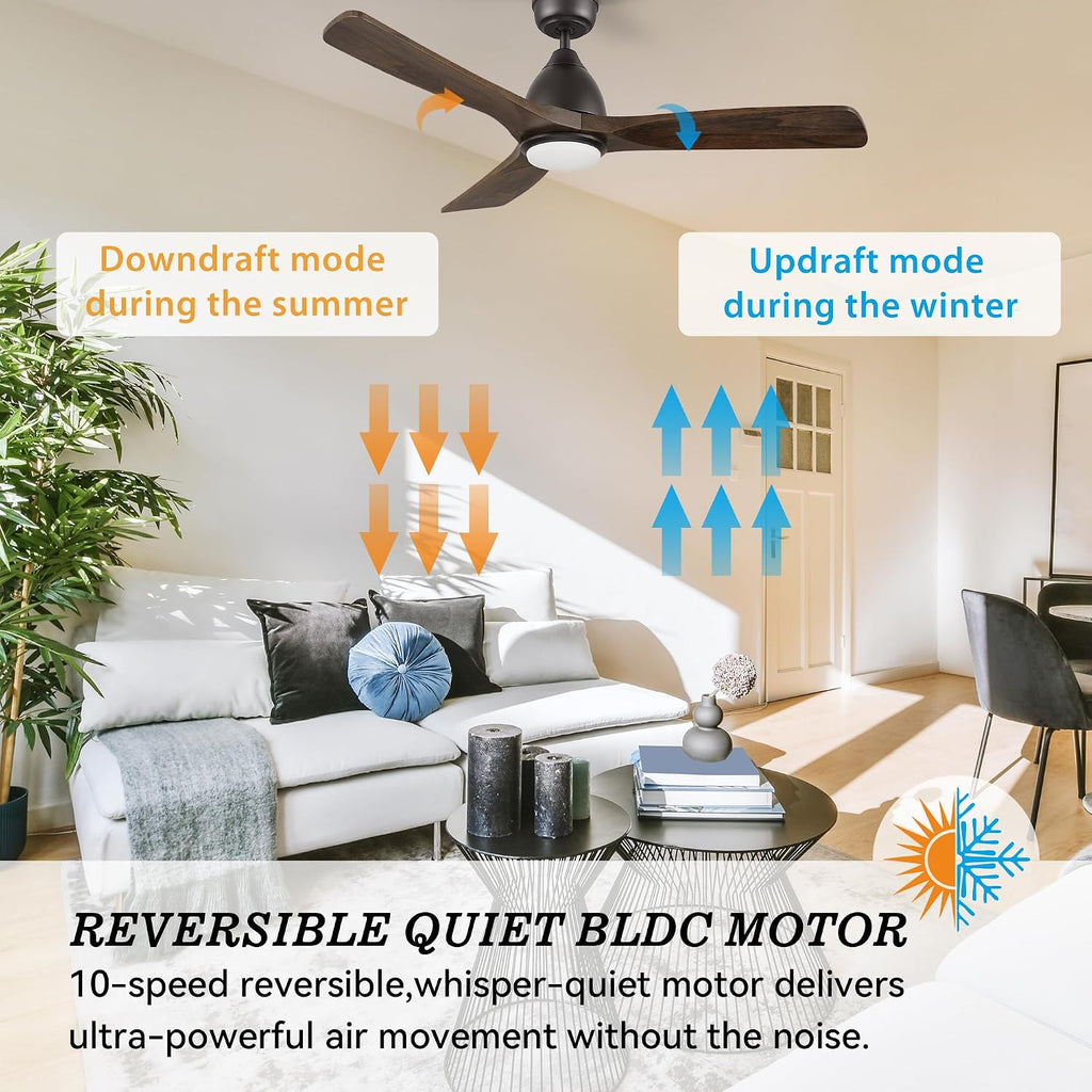 SMAAIR 48' Smart Ceiling Fan with Lights and Remote,Low Profile Modern Ceiling Fan,3 Solid Wood Blades,Works with Siri/Alexa/Google Assistant,10 Speed DC Motor,Dimmable,Indoor Use,Brown Walnut