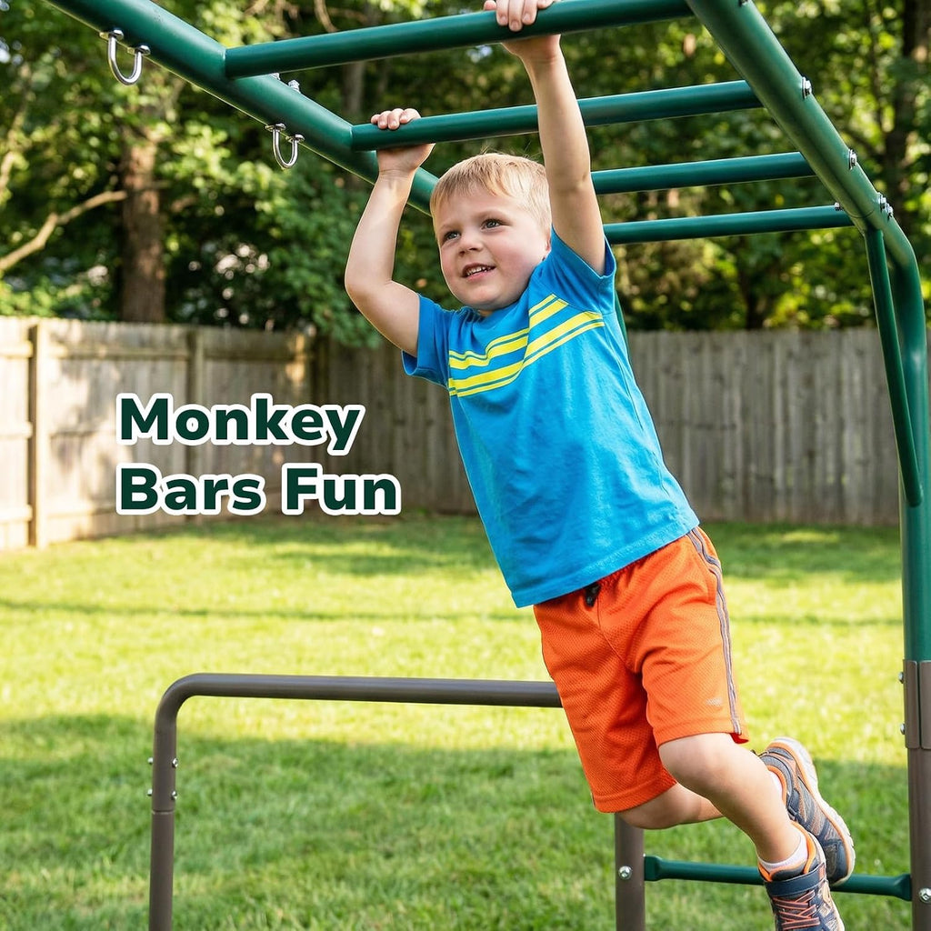 Hapfan Monkey Bars with Gymnastics Bars and Trapeze Swing, 400lbs Heavy Duty Metal Monkey Bar Set for Backyard, Weather-Resistant 3-in-1Outdoor Playset, Space-Smart Design