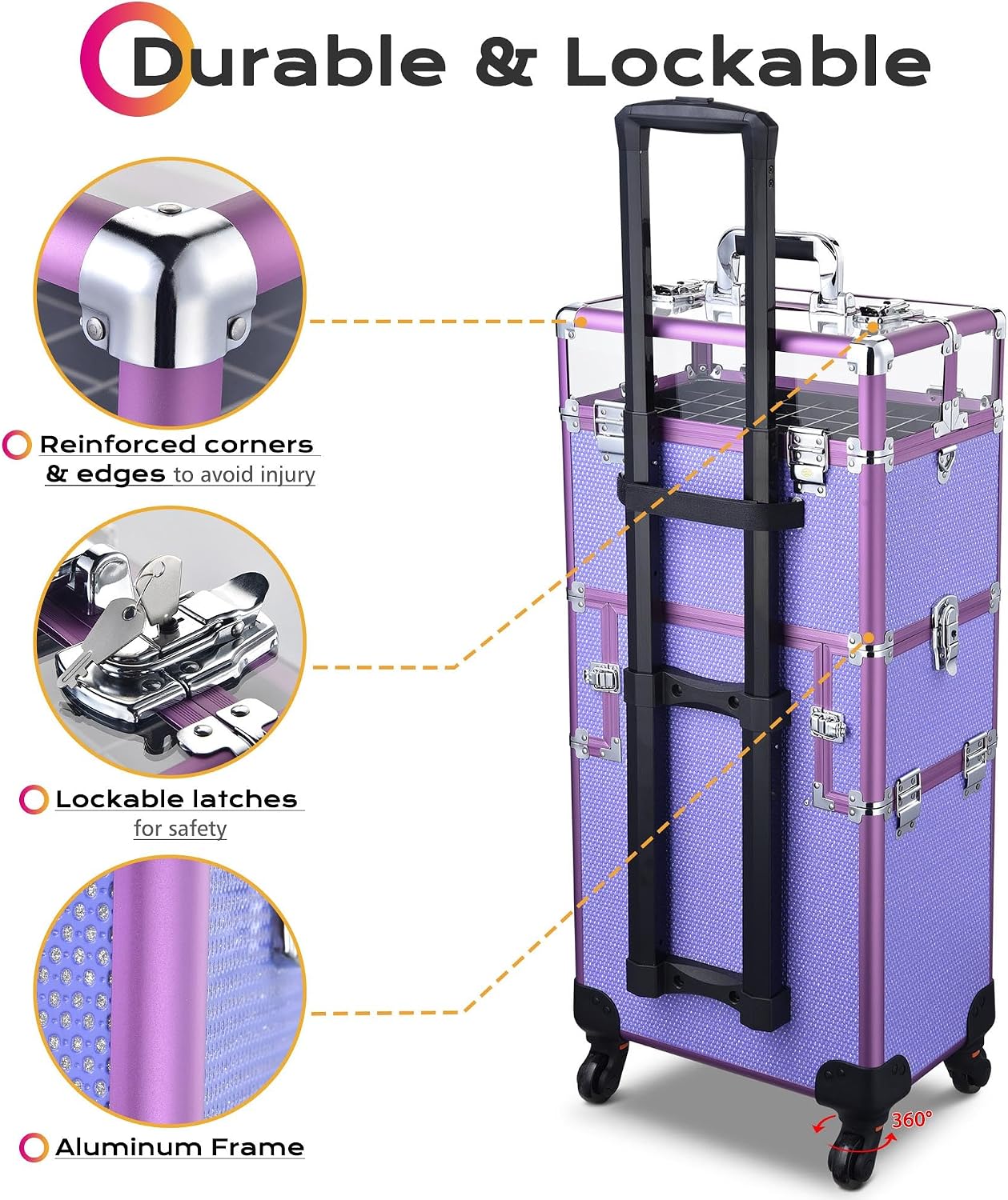 BYOOTIQUE 2in1 Nail Polish Organizer Rolling Makeup Train Case Manicure Cosmetic Trolley Travel Organizer Nail Case with Clear Lid Extendable Trays 4 removable wheels 54 Slots (Purple)