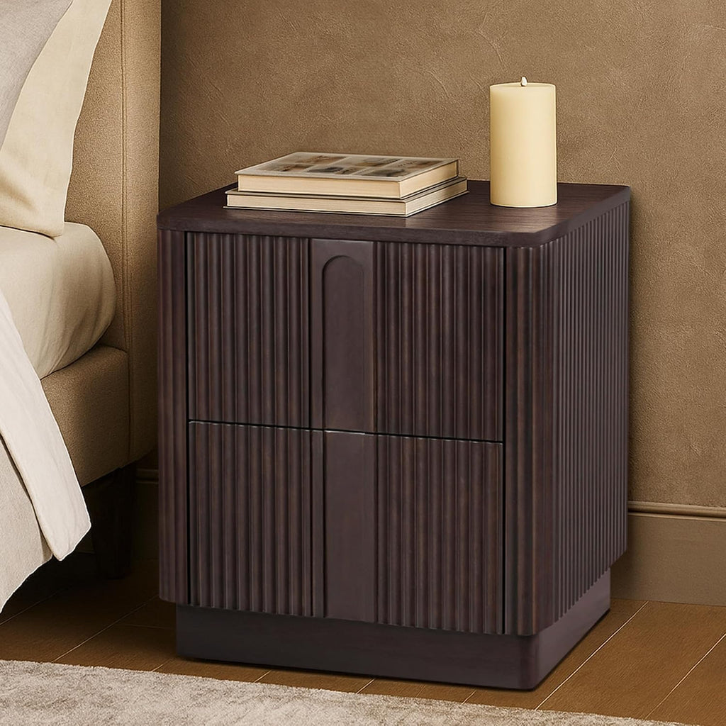 Teamson Home 20'' W Modern Storage 2-Drawer Push to Open Nightstand with Solid Wood Frame, Bedside Table Bedroom Furniture with Reeding Pattern in Scandinavian Style, Espresso