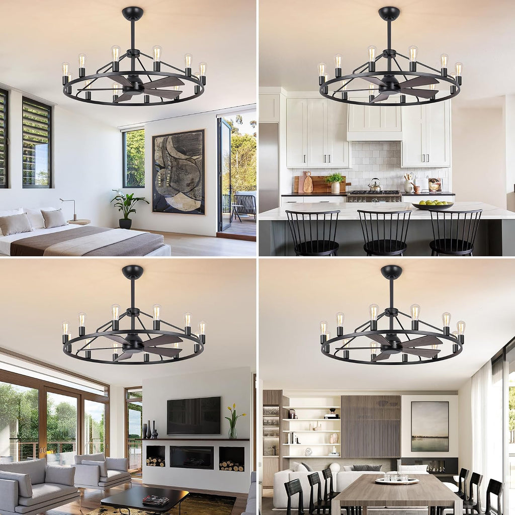 She's home 43' Black Wagon Wheel Chandelier Fan with Light, 12-Lights Large Round Candle Farmhouse Fandelier Ceiling Fan with Light Fixture for Living Room, Dining Room, Height Adjustable