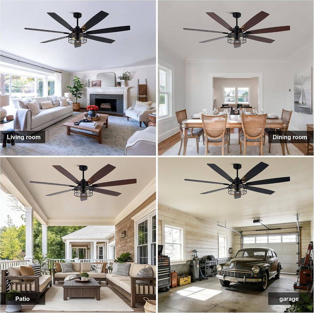 72 Inch Ceiling Fan with Lights Farmhouse Ceiling Fan with Lights Black Caged Fandelier Rustic Industrial Chandelier for Living Room Indoor Outdoor, Reversible DC Motor 6 Speeds