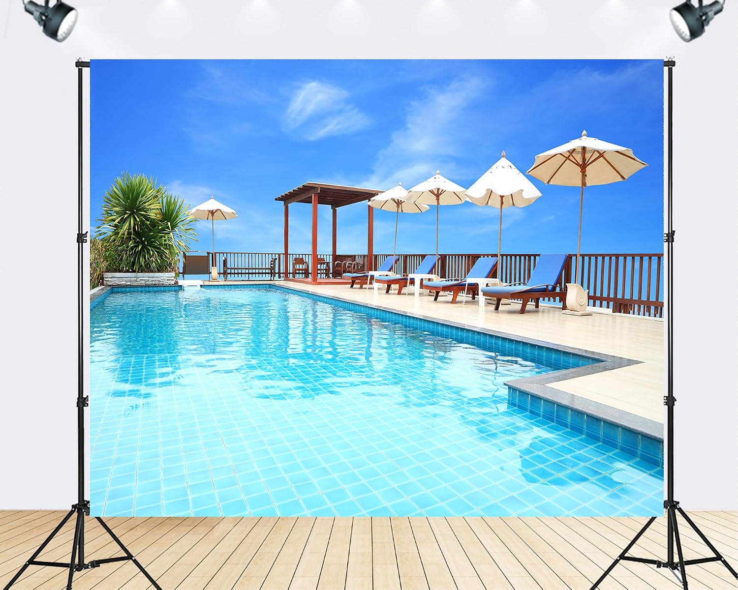 Trykid 20x10ft Luxury Poolside Backdrop Clear Blue Water White Umbrellas Wooden Lounge Chairs Photography Background Tropical Wedding Pool Party Decoration Photo Booth Prop Fabric