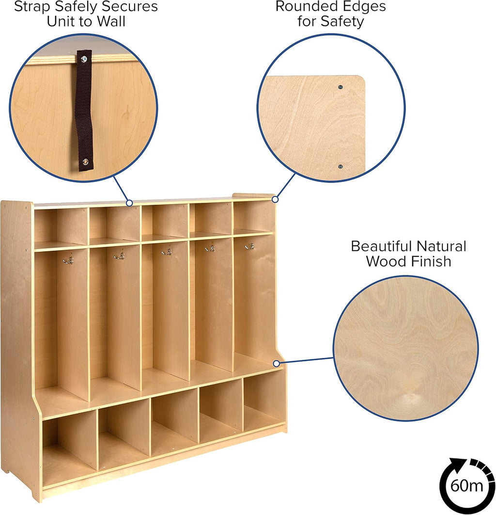 Flash Furniture Hercules Wooden 5-Section School Coat Locker with Bench, Cubbies, and Storage Hooks, Preschool Cubby Organizer, 48'H x 48'L, Natural