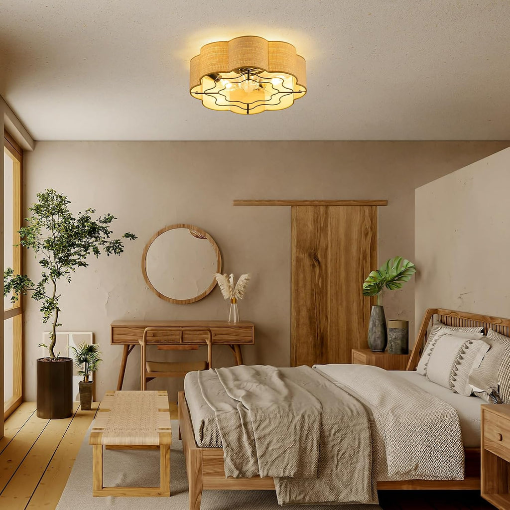 Boho Caged Ceiling Fans with Lights Flush Mount, Rattan Fandelier Chandelier Ceiling Fan with Light with Remote and 6-Speed Motor for Bedroom, Nursery, Living Room