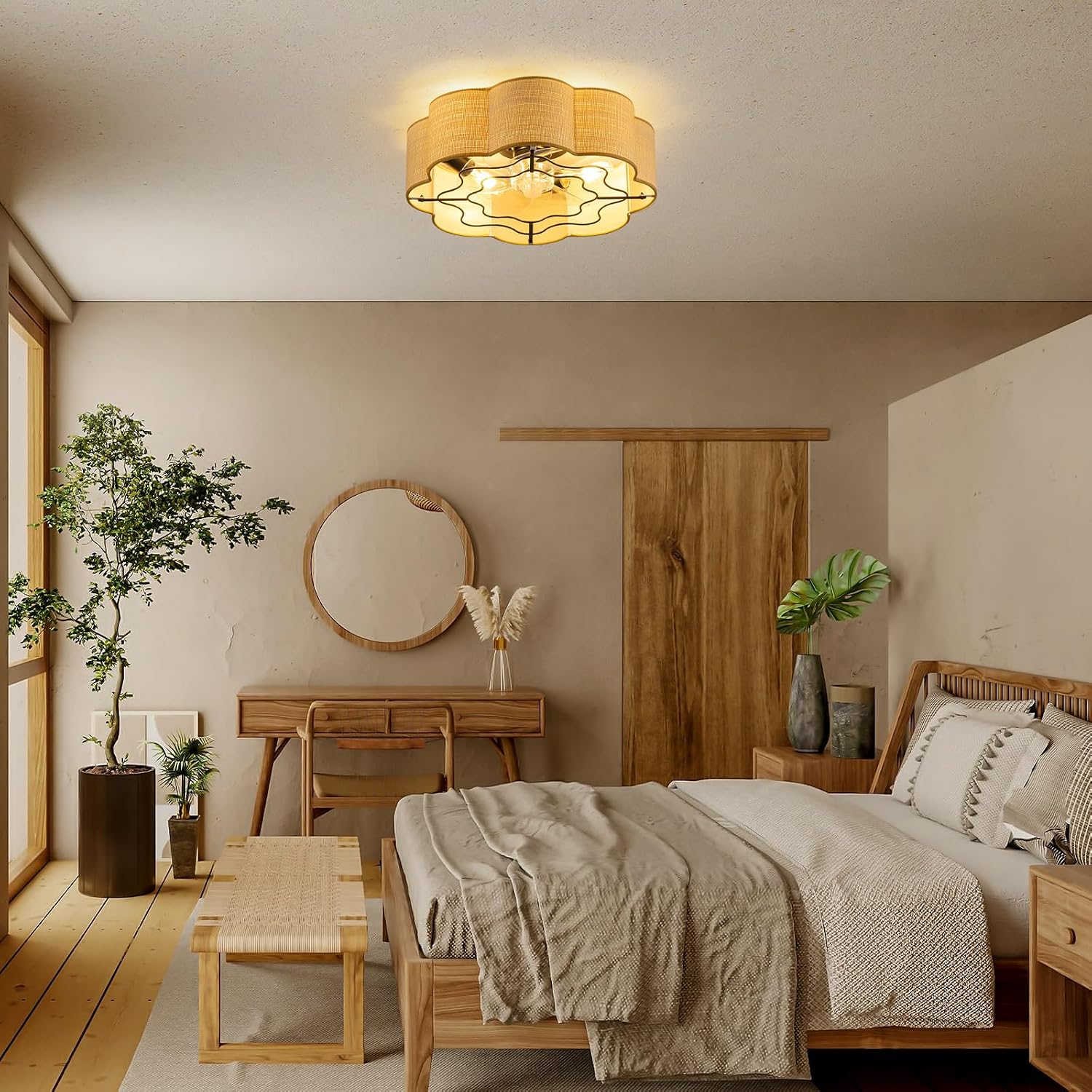 Boho Caged Ceiling Fans with Lights Flush Mount, Rattan Fandelier Chandelier Ceiling Fan with Light with Remote and 6-Speed Motor for Bedroom, Nursery, Living Room