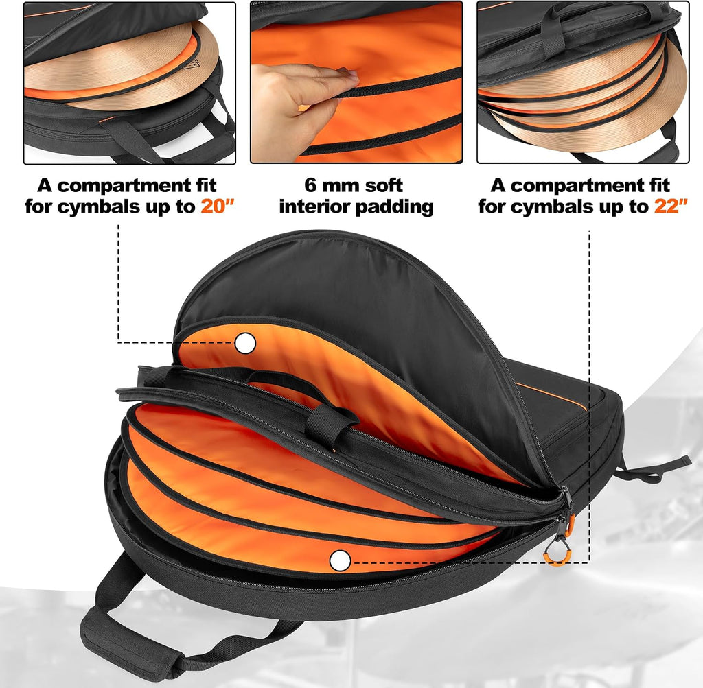 Damero 22'' Cymbal Bag, Double Layer Cymbal Gig Bag with 6mm Padded Dividers Bundle with Waxed Canvas Mallets Percussion Bag