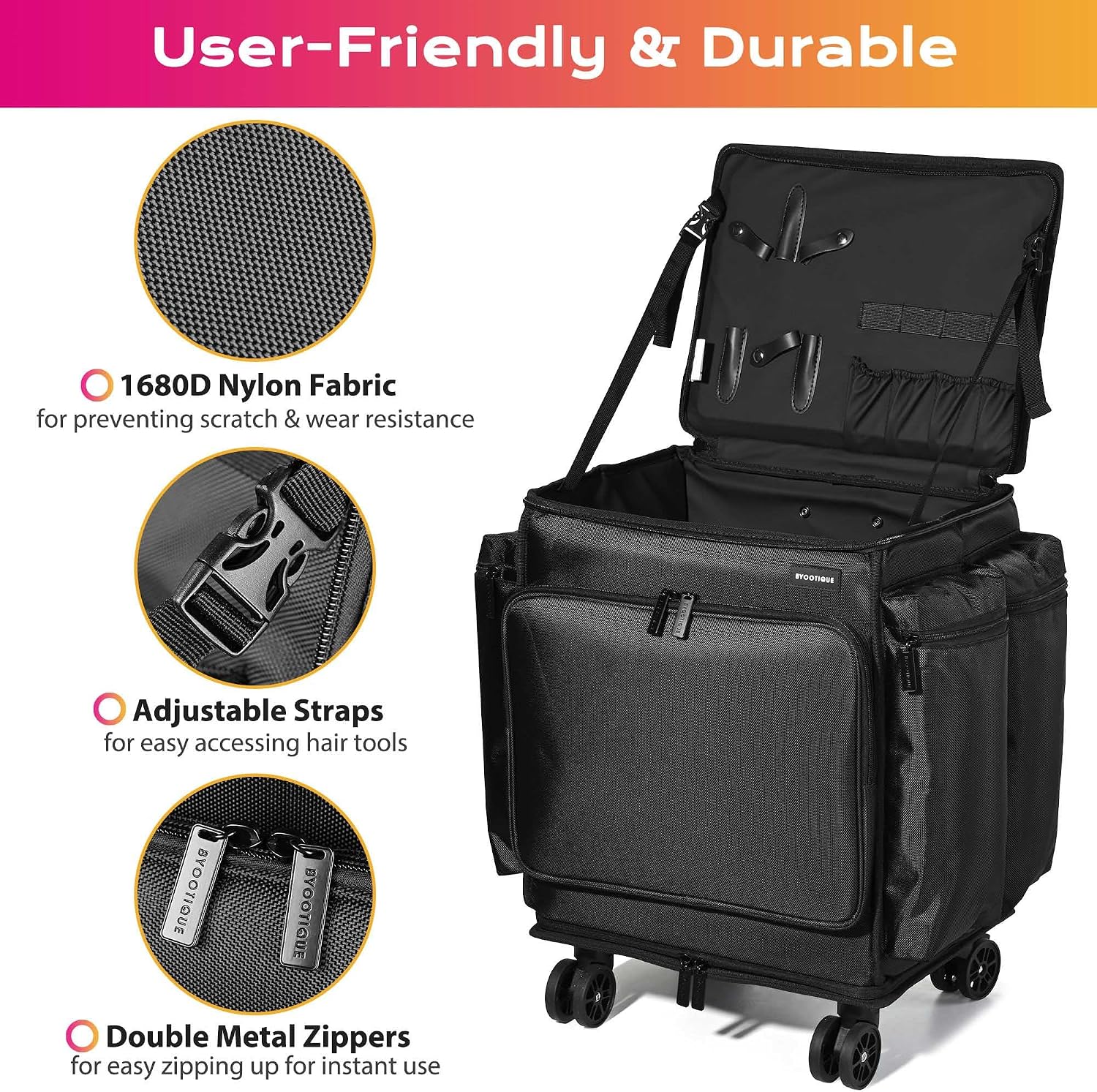 BYOOTIQUE Rolling Makeup Train Case Soft Sided Travel Cosmetic Organizer Storage 1680D Nylon Fabric Trolley Suitcase Mobile Barber Station, Black