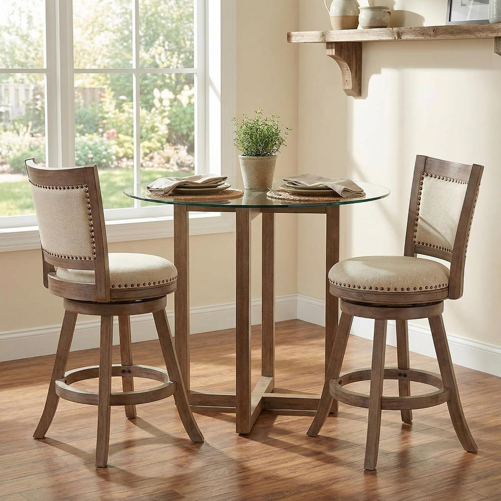 Cortesi Home Marko Stool in Beige Fabric Swivel Seat with Back, 24' Counter Height, Driftwood