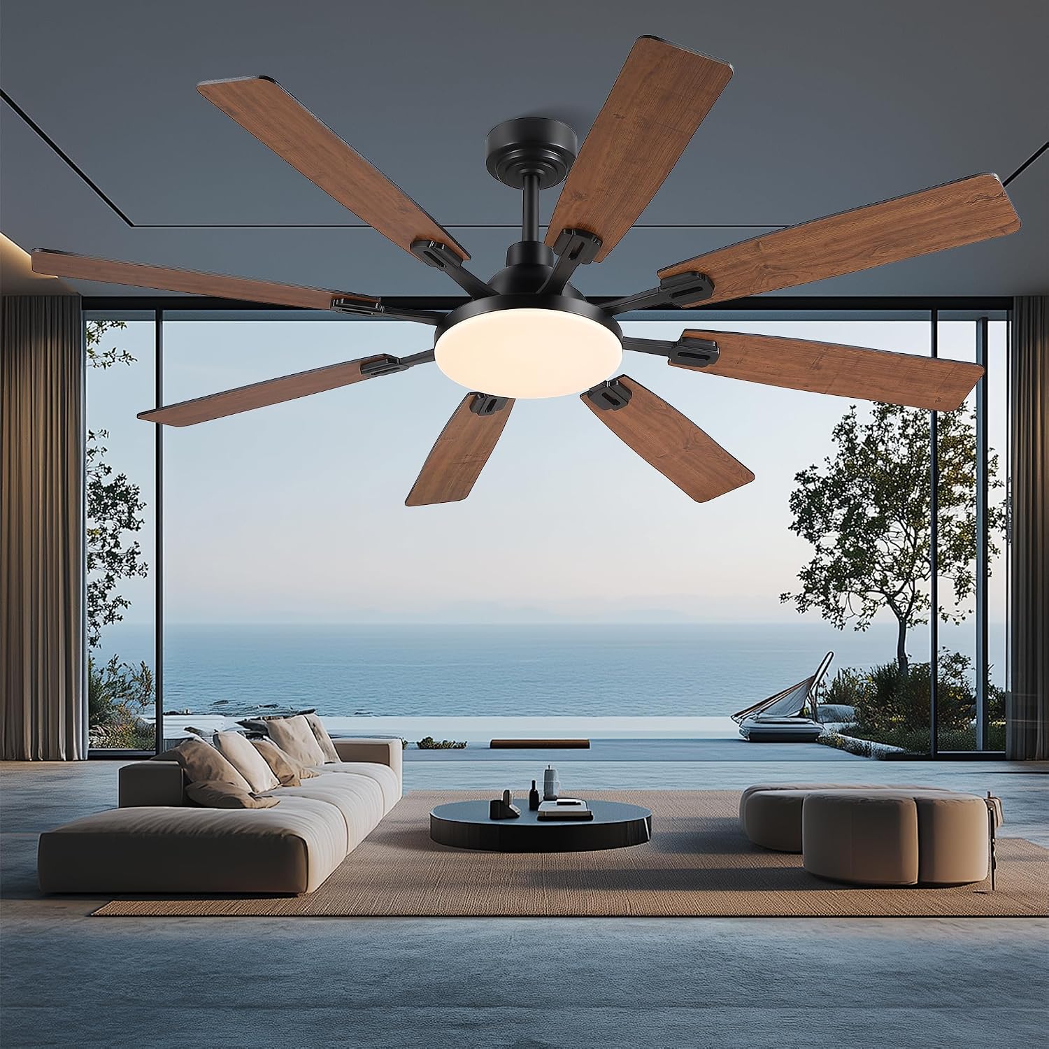JSAITEE 60In Ceiling Fans with Lights - Brown Low Profile Fan Light with 8 Blades, 6 Wind Speeds Reversible, Dimmable, Modern Light Fixture for Indoor Living Room, Kitchen, Coverd Patios