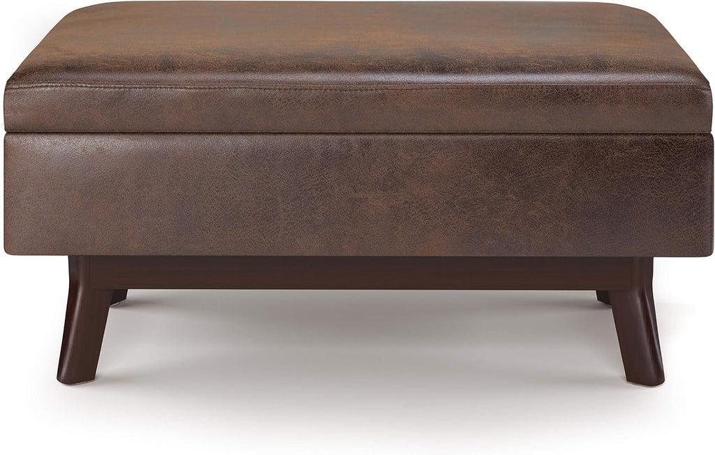 SIMPLIHOME Owen Small Rectangular Storage Ottoman - 36 inch Wide Upholstered Vegan Leather Lift-Top Ottoman in Distressed Chestnut Brown, Mid-Century Modern Ottoman for Living Room with Tufted Detail