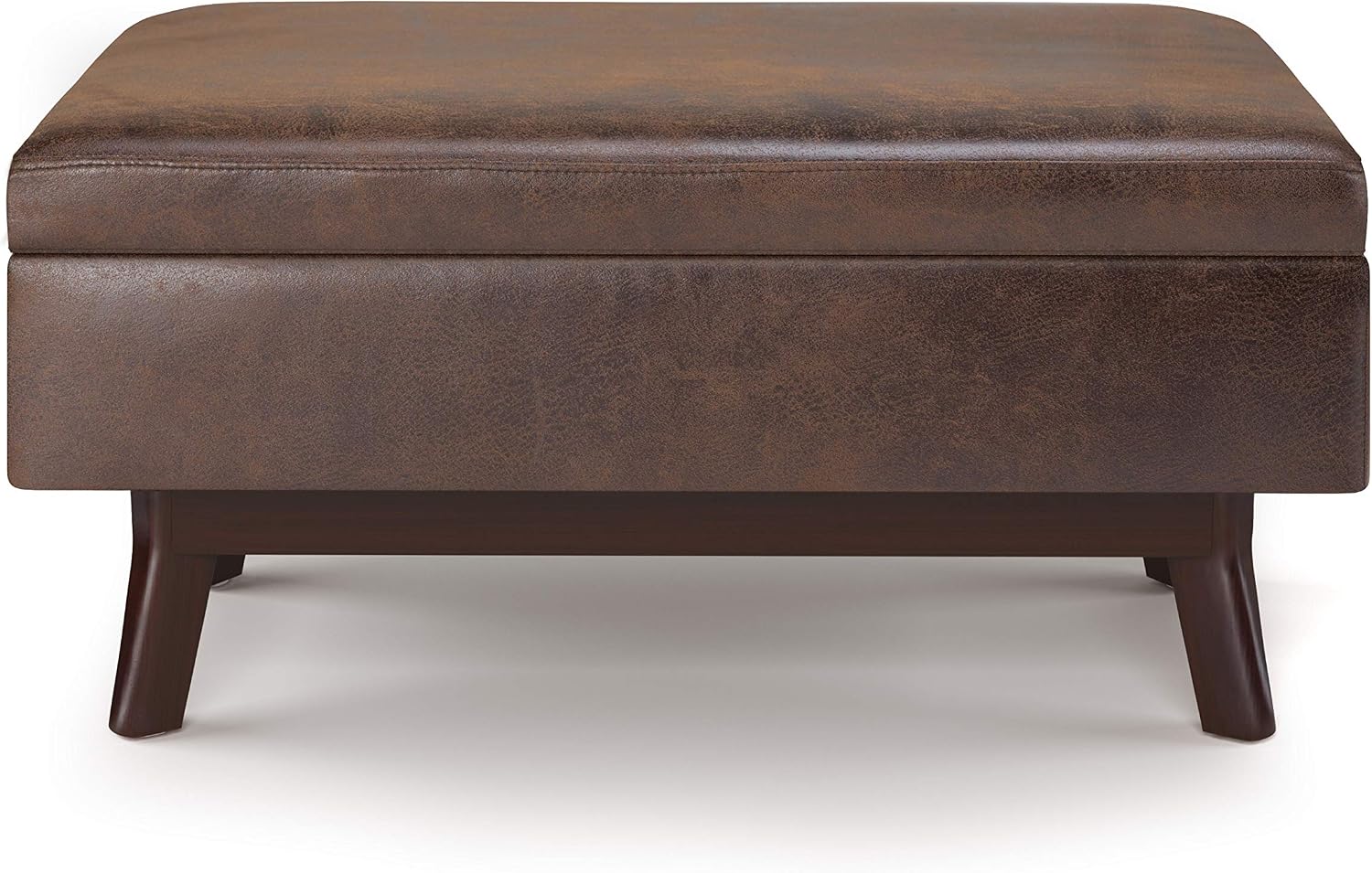 SIMPLIHOME Owen Small Rectangular Storage Ottoman - 36 inch Wide Upholstered Vegan Leather Lift-Top Ottoman in Distressed Chestnut Brown, Mid-Century Modern Ottoman for Living Room with Tufted Detail