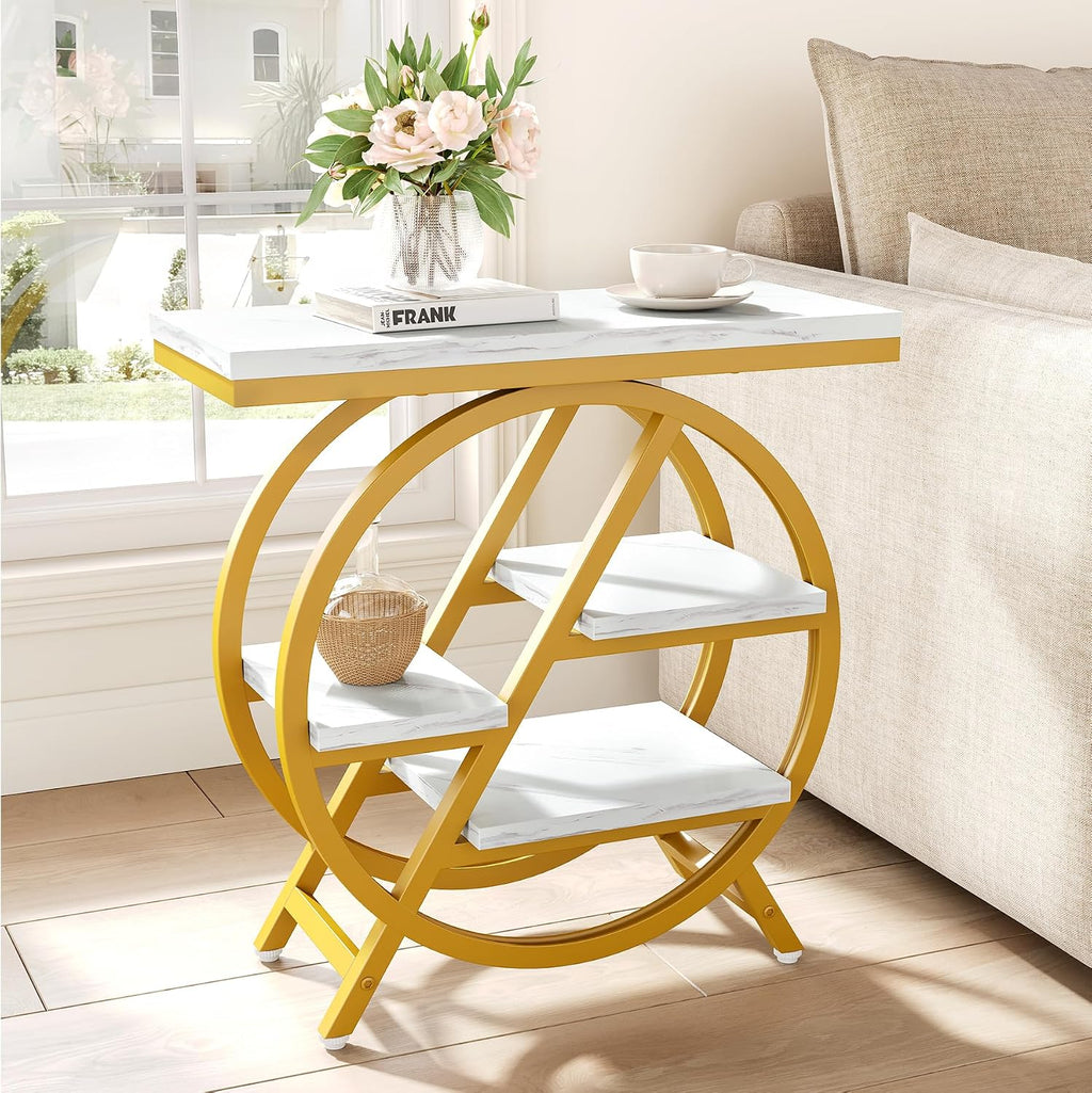 LITTLE TREE End Table Set of 2, 4-Tier Narrow Faux Marble Side Table with Large Storage Space, Modern Nightatsnd and Bedside Table for Living Room, Home Office, Bedroom, White and Gold