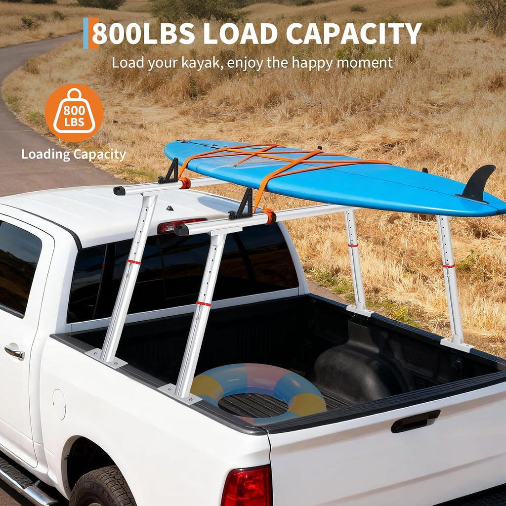 Adjustable Aluminum Truck Ladder Rack 35.4–71 in, 800 LB Heavy-Duty Pickup Bed Cargo System with Drilling Mount for Kayak, Surfboard, Lumber & Work Equipment - Silver
