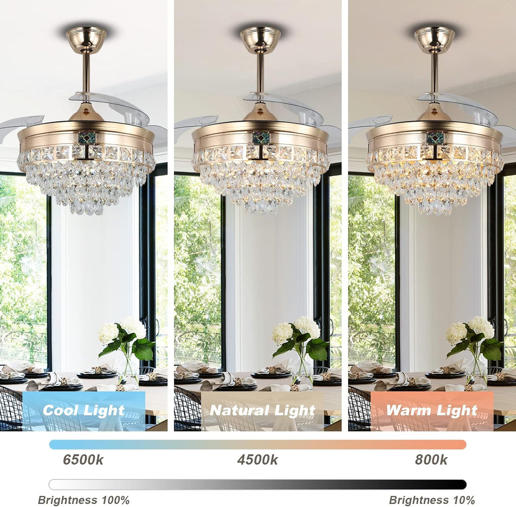 42' Modern Crystal Chandelier Ceiling Fan with Lights Gold Dimmable Fandeliers LED Invisible Fandelier Crystal Chandelier Fan 3 in 1 Color with Memory Function