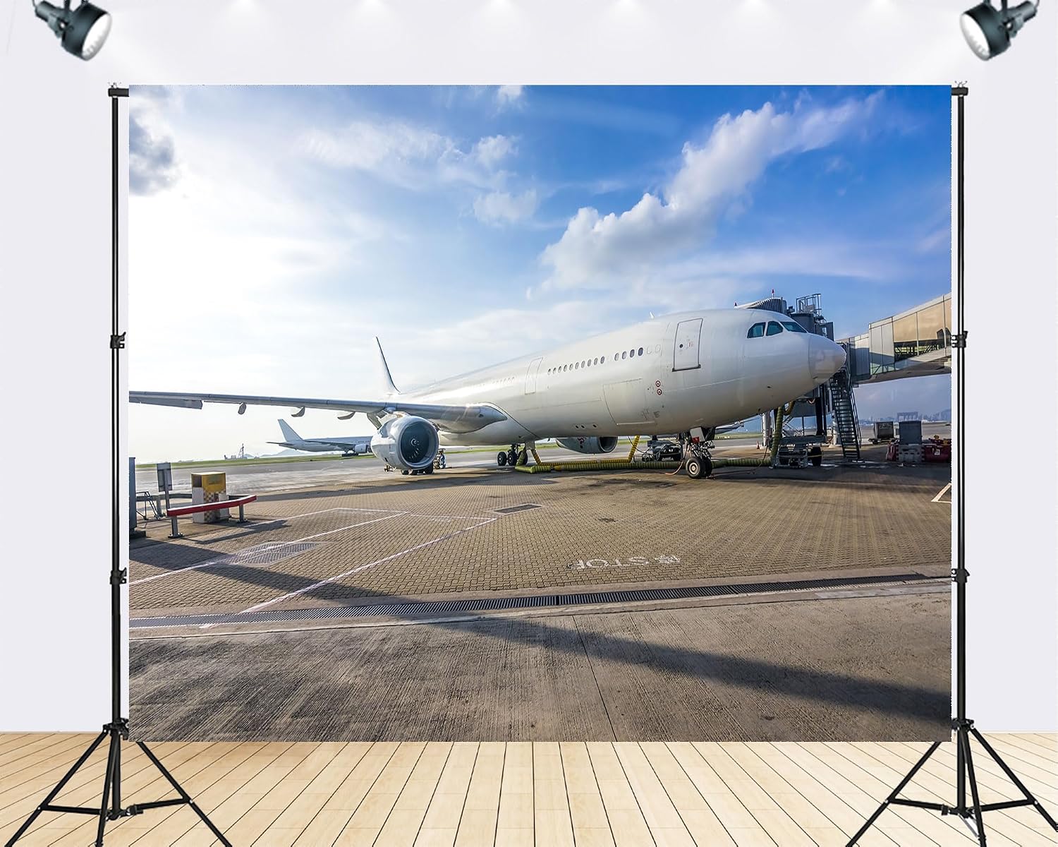 Trykid 20x10ft Commercial Jet On Tarmac Backdrop Airport Terminal Clear Blue Sky Modern Aviation Photography Background Travel Themed Farewell Event Party Decoration Photo Booth Prop Fabric