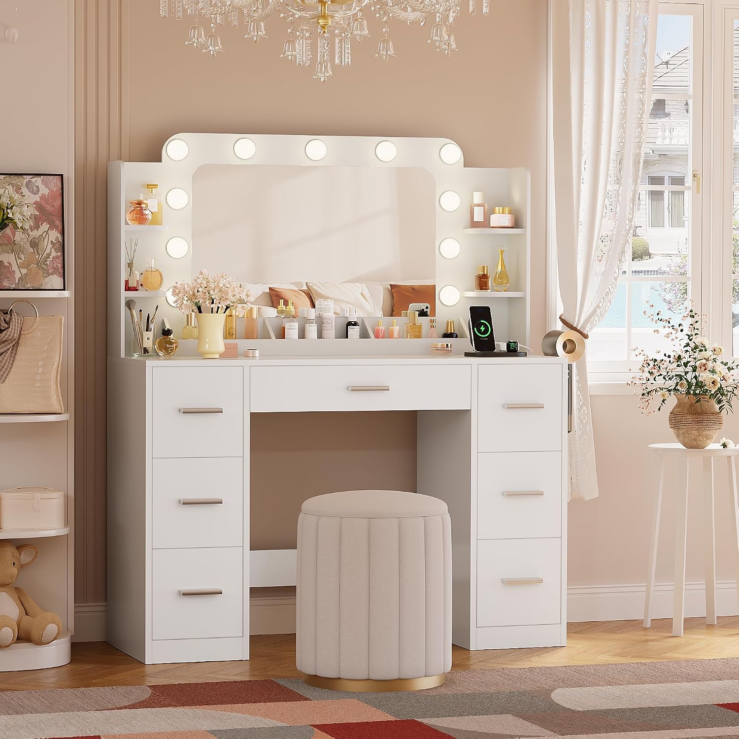 YESHOMY Vanity Desk with Large Lighted Mirror, Power Outlet and 11 Lights, Makeup Table with 7 Drawers and 3 Desktup Storage Units, 3 Color Modes Available for Bedroom, Snow White