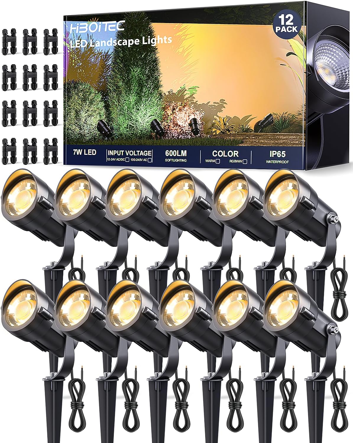 HIBOITEC Spotlights Low Voltage Landscape Lighting with Connectors 7W 2700K Landscape Lights Kit 12-24V AC/DC IP65 Waterproof for House Yard Trees Garden Outdoor 6 Packs