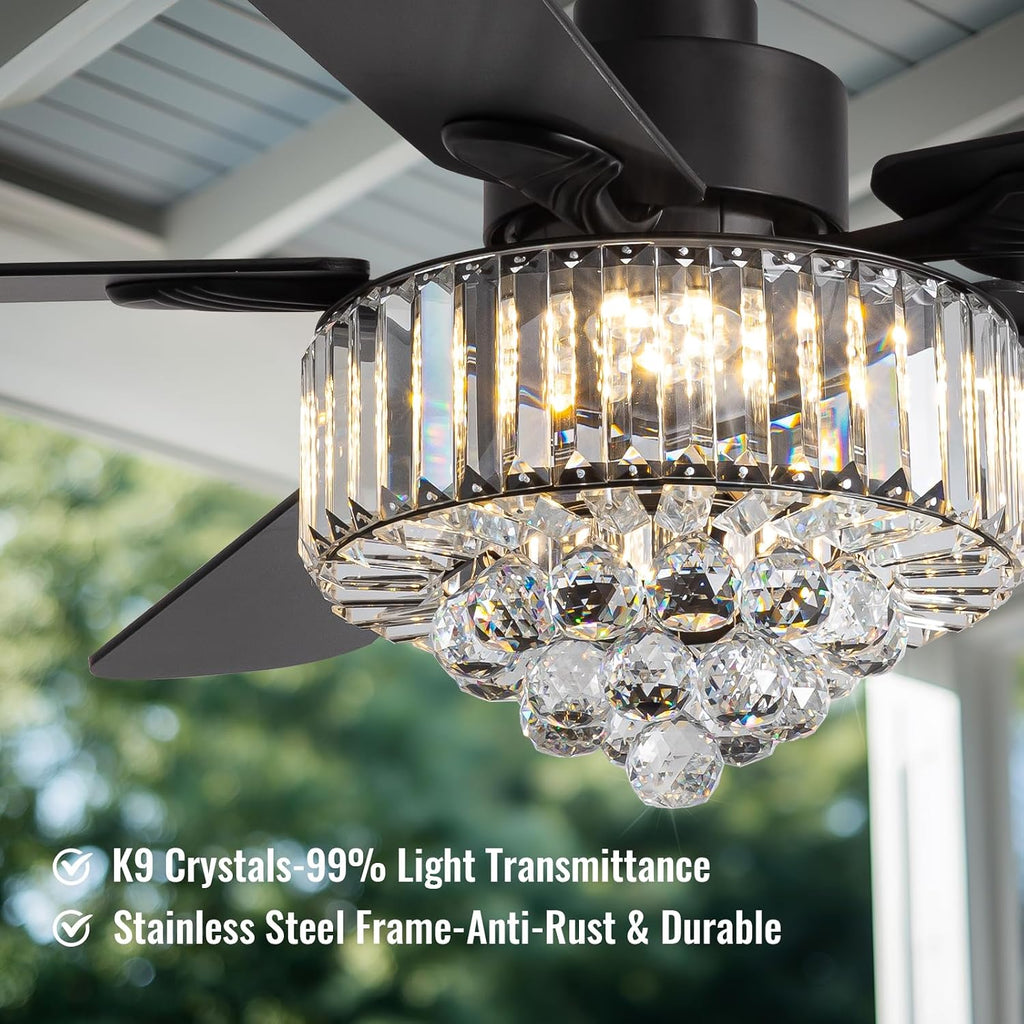 Crystal Fandelier Ceiling Fan with Light,Chandelier Ceiling Fan with Remote and APP Control,Quiet Light for Bedroom, 3 Color Temperature, 52 Inch vintage ceiling fan With 6 Speeds