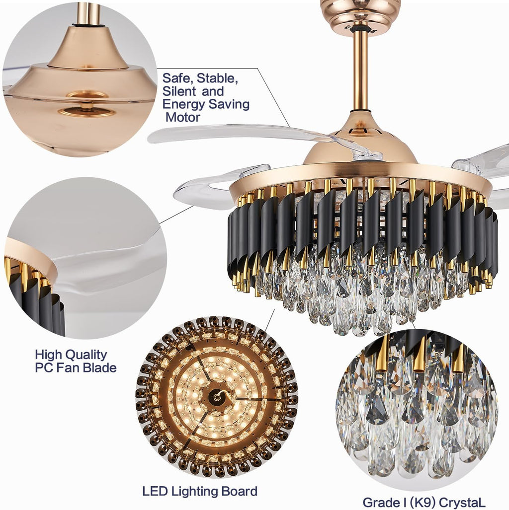 42' Dimmable Gold Fandelier Crystal Ceiling Fans with Lights and Remote Modern Retractable Blade Chandelier Ceiling Fans for Bedroom Dinning Room Living Room