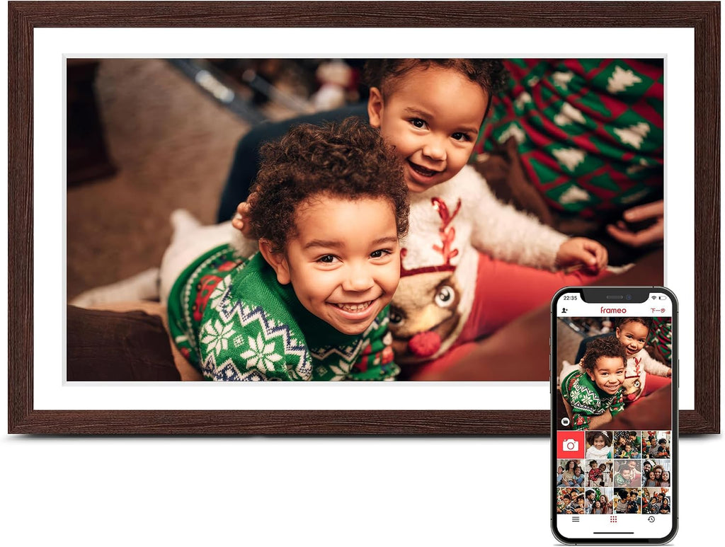 Digital Picture Frame Frameo, Large 15.6 Inch Digital Photo Frame, WiFi Electric Frame, 1920 * 1080 IPS FHD Touchscreen, 32GB, Tabletop&Wall-Mounted, Share Video Picture, Gifts for Mom, Black Walnut