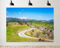 Trykid 20x10ft Winding Mountain Road Backdrop Green Rolling Hills Snow Capped Peaks Clear Blue Sky Wispy Clouds Photography Background Road Trip Party Decoration Photo Booth Prop Fabric