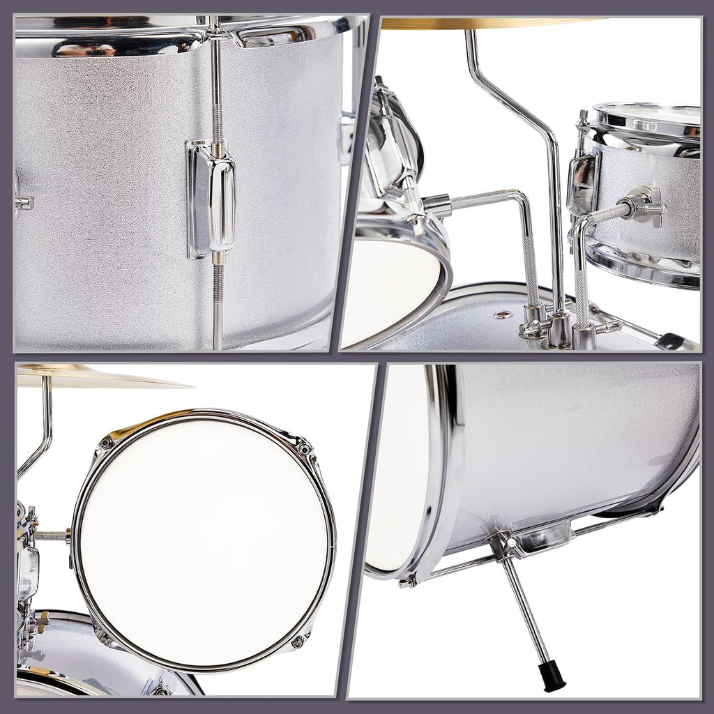 Ktaxon 5-Piece Complete Junior Drums Set, 14 Inch Beginners Drum Kit with Throne Stool, Pedal & Drumsticks, Drums Musical Instruments W/Cymbal, Hi-Hat, Floor, Tom and Snare Drum (Silver)