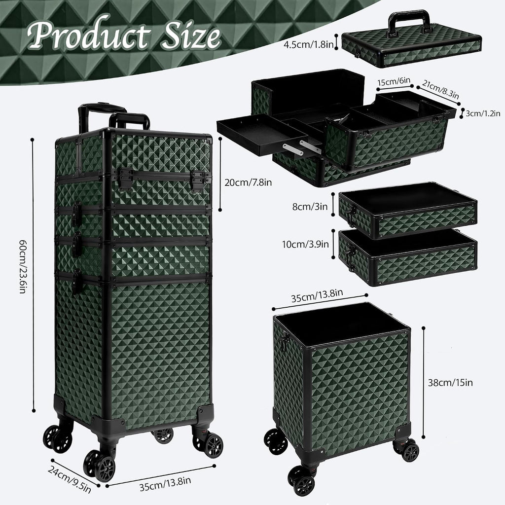 5 in 1 Rolling Makeup Train Case on Wheels Large Cosmetic Organizer Travel Cart for Women Beauty Salon Barber Hairstylist Green