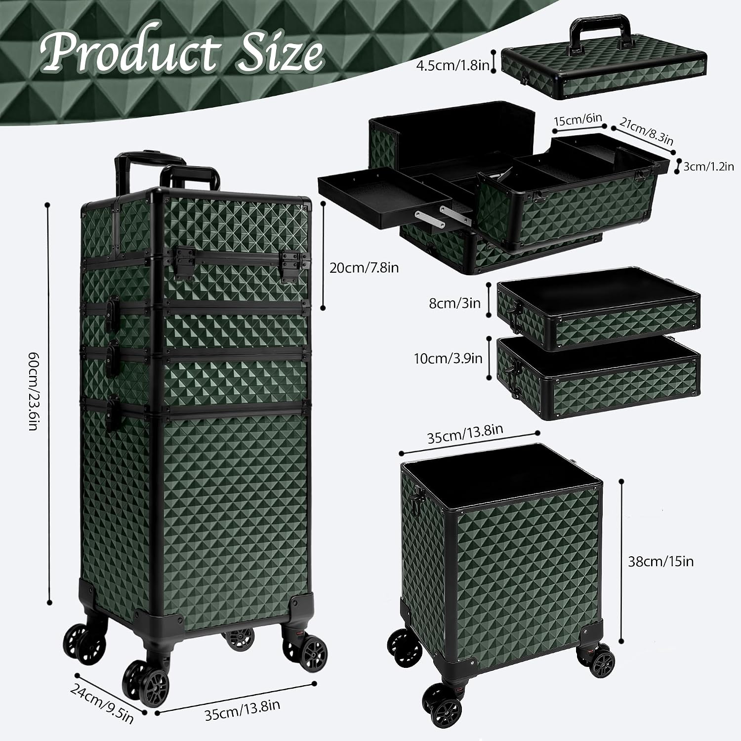 5 in 1 Rolling Makeup Train Case on Wheels Large Cosmetic Organizer Travel Cart for Women Beauty Salon Barber Hairstylist Green