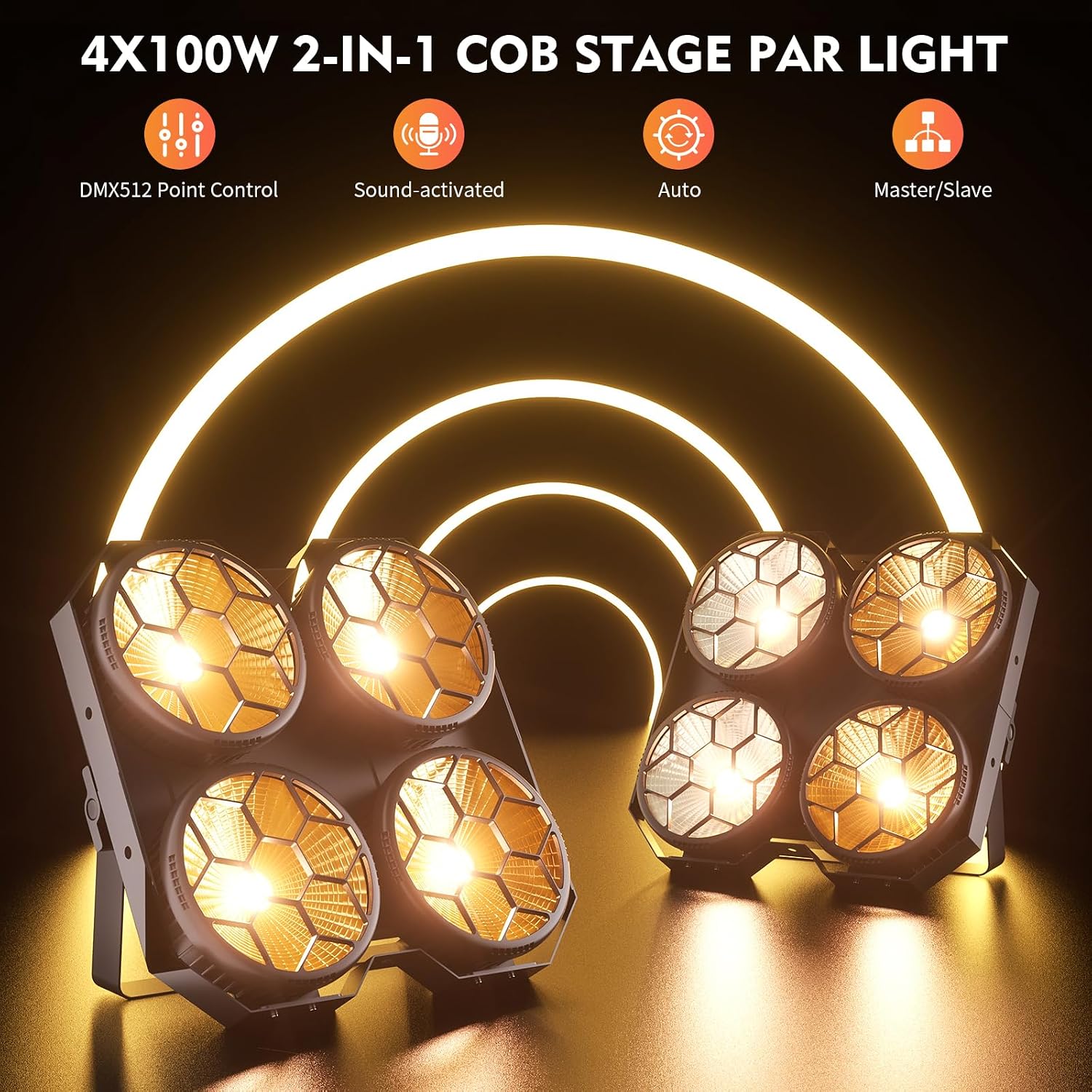 4 x 100W COB LED Stage Lights, 2 in 1 Warm/Cool White Par Can Retro Pixel Control Light, DMX/Master-Slave/Sound Activated Spotlights for Church Events Party Wedding Club Studio 1Pack