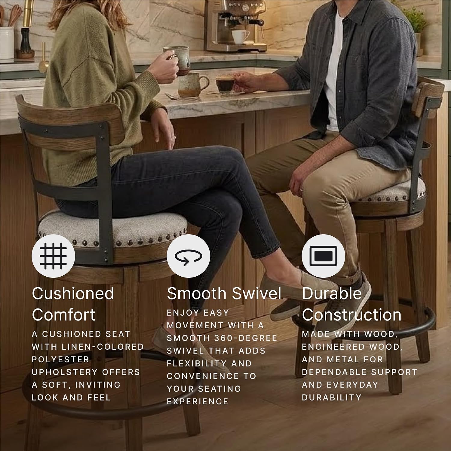 Signature Design by Ashley Valebeck Swivel Barstool With Back, Rustic-Industrial Wood and Metal, 360-Degree Swivel Counter Height Stool for Kitchen Island Seating, Linen Color