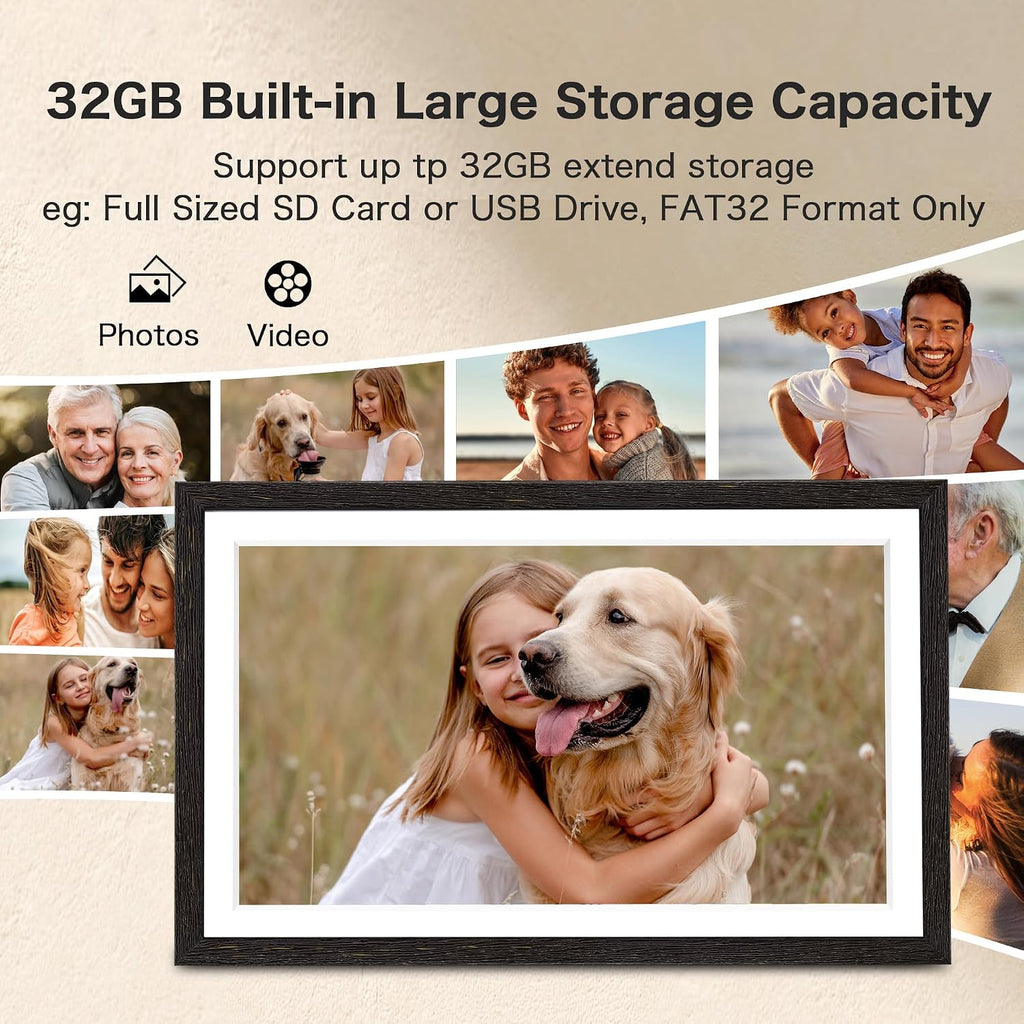 Digital Picture Frame, 15.6 Inch Frameo Digital Frame WiFi, 1920 * 1080 IPS FHD Touchscreen, 32GB, Tabletop&Wall-Mounted, Share Picture Video, Large Electric Photo Frame, Mom Gifts, Black Woodgrain