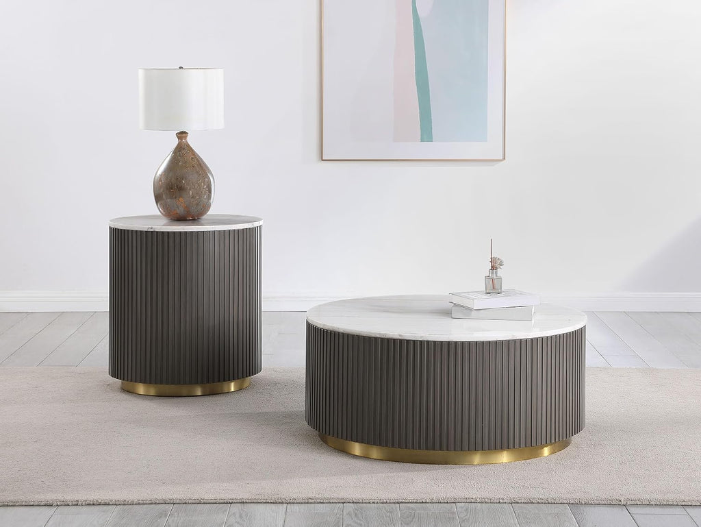 Coaster Home Furnishings - Jason - Wood and Metal - 2-Piece Coffee Table Set with Marble Tops, Reeded Drum Bases, and Gold Ring Accents - Living Room- Charcoal and White Marble - 710418-S2