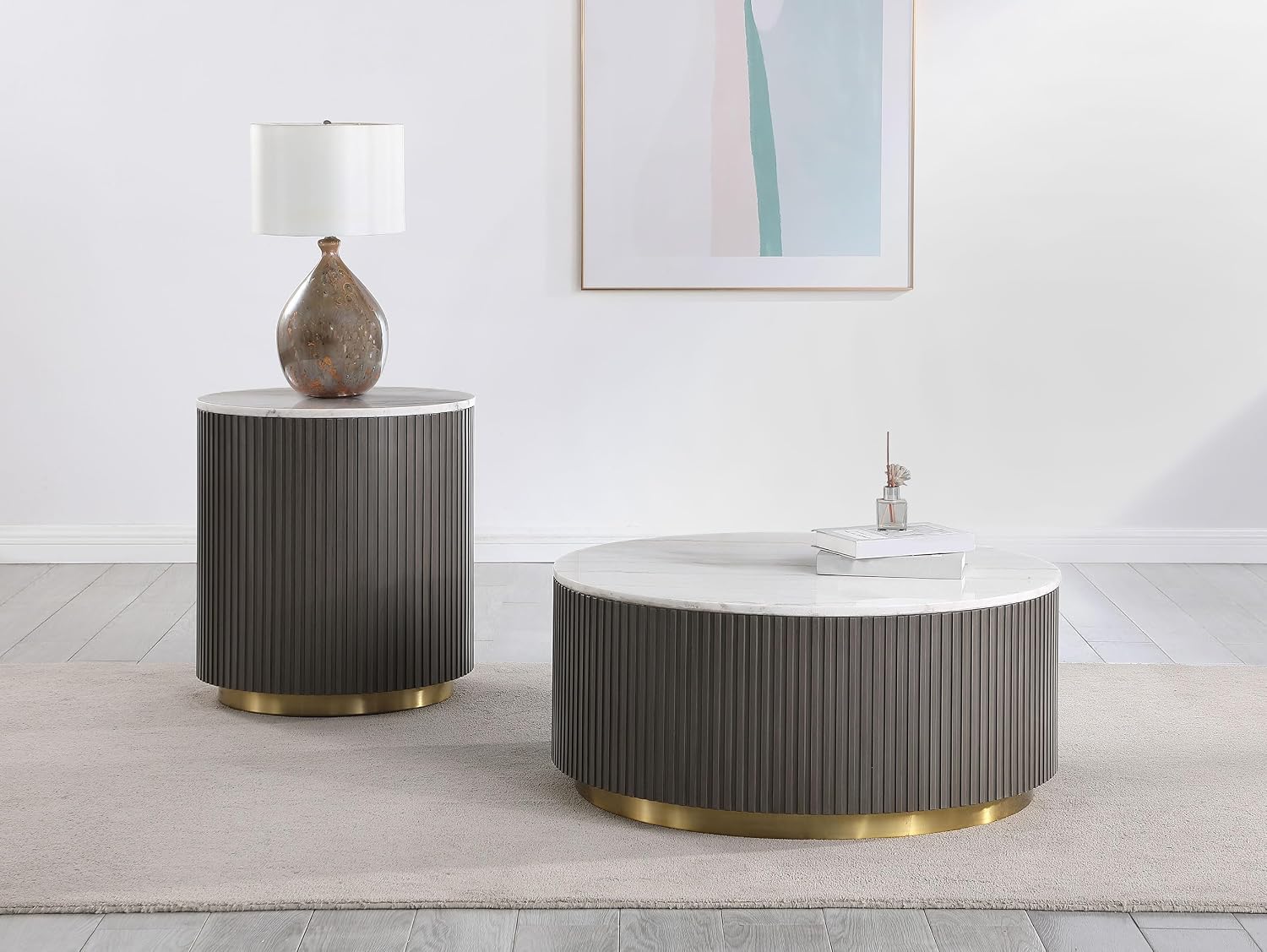 Coaster Home Furnishings - Jason - Wood and Metal - 2-Piece Coffee Table Set with Marble Tops, Reeded Drum Bases, and Gold Ring Accents - Living Room- Charcoal and White Marble - 710418-S2
