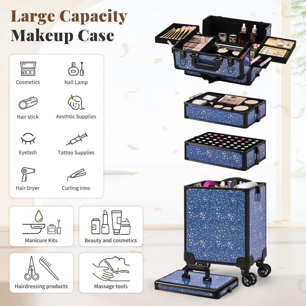 AROUS Rolling Makeup Train Case 5 in 1 Cosmetology Case on Wheels Large Cosmetic Organizer Travel Cart for Hairstylist Artist Nail Beauty Salon Barber,Blue