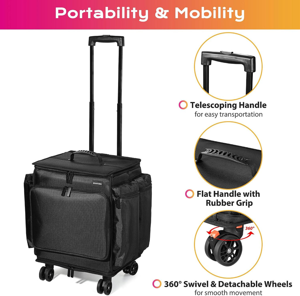 BYOOTIQUE Rolling Makeup Train Case Soft Sided Travel Cosmetic Organizer Storage 1680D Nylon Fabric Trolley Suitcase Mobile Barber Station, Black