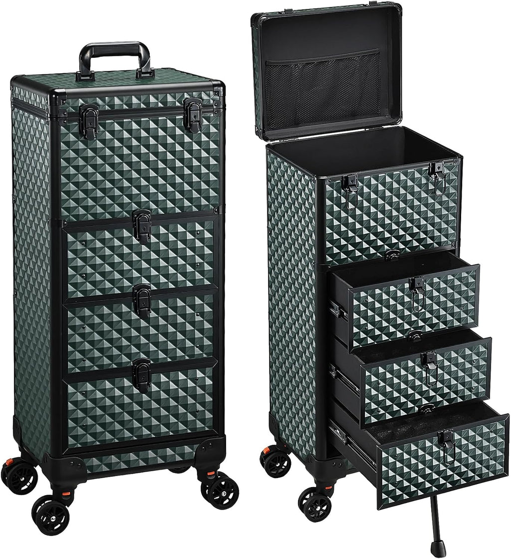 Yueieoun Nail Trolley Cart with 3 Drawers, Salon Station Cosmetology Case on Wheels Rolling Makeup Train Case Nail Case Organizer Beauty Salon Travel Case for Nailart,SPA,Hairstylist,Artist,Dark Green