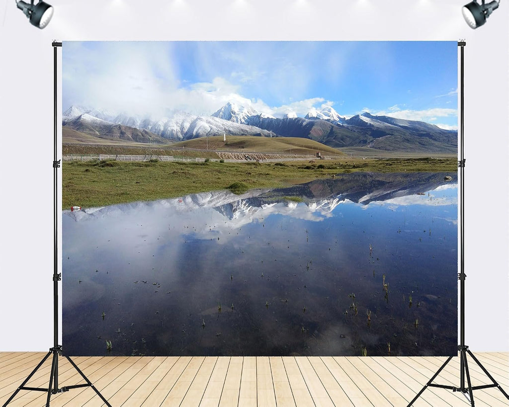 Trykid 20x10ft Snow Mountain Lake Reflection Backdrop Majestic Clear Waters Peaceful High Altitude Scenery Photography Background Outdoor Adventure Party Decoration Photo Booth Prop Fabric