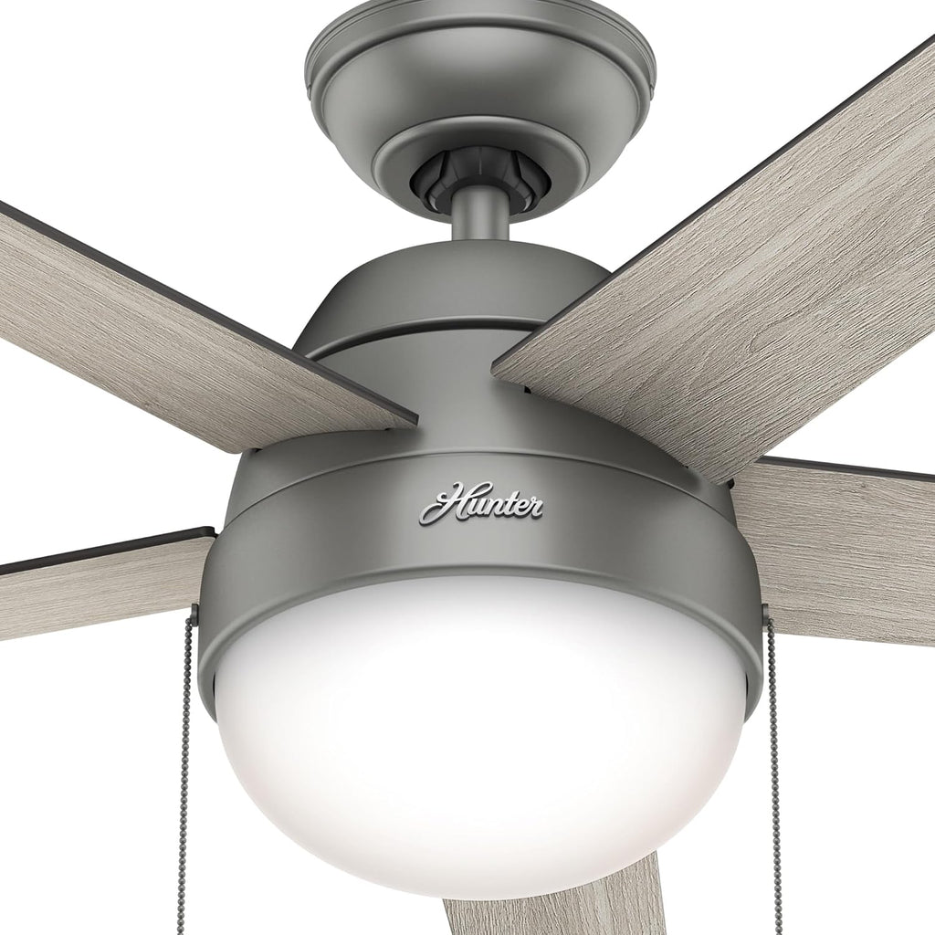 Hunter 46 inch Indoor Ceiling Fan with LED Light - Ceiling Fan with Pull Chain, For Bedroom, Living Room, or Kitchen, Standard Mount, No Remote, 5 Blades - Anslee 59267, Matte Silver