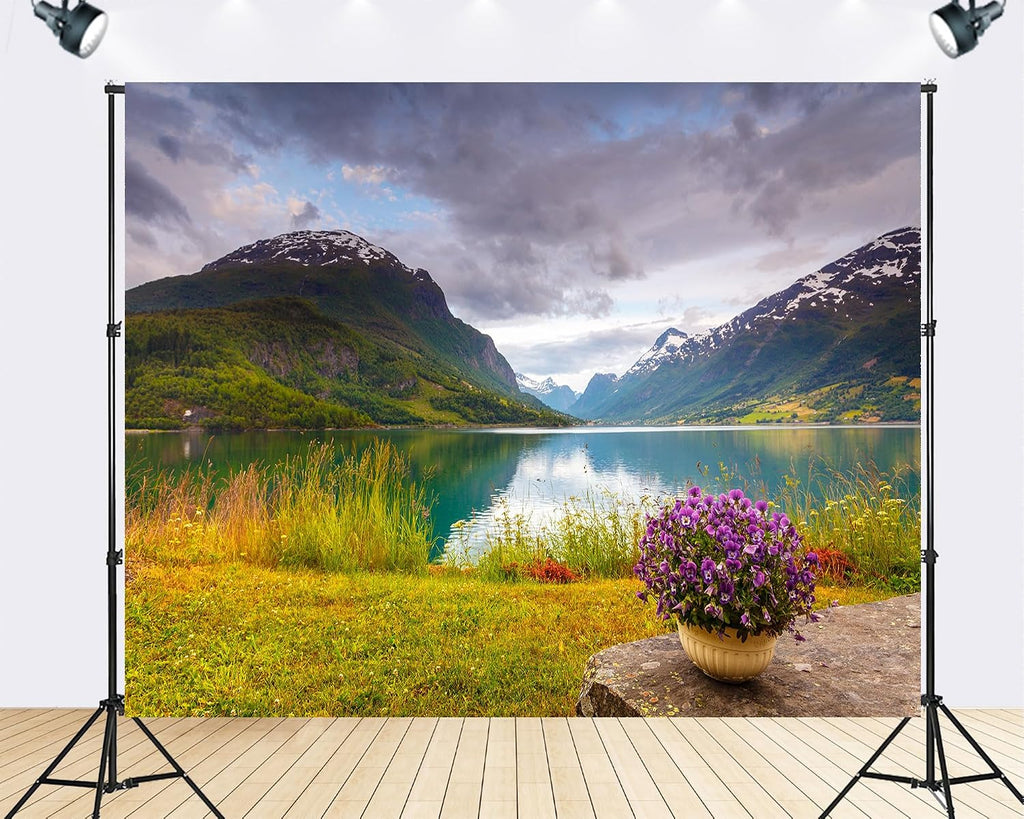 Trykid 20x10ft Brown Cow Alpine Mountain Backdrop Glacier Grass Cliff Pasture Landscape Photography Background Mountain Hike Farm Gathering Party Decoration Tapestry Photo Booth Prop Fabric