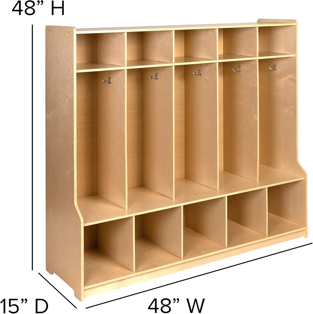 Flash Furniture Hercules Wooden 5-Section School Coat Locker with Bench, Cubbies, and Storage Hooks, Preschool Cubby Organizer, 48'H x 48'L, Natural
