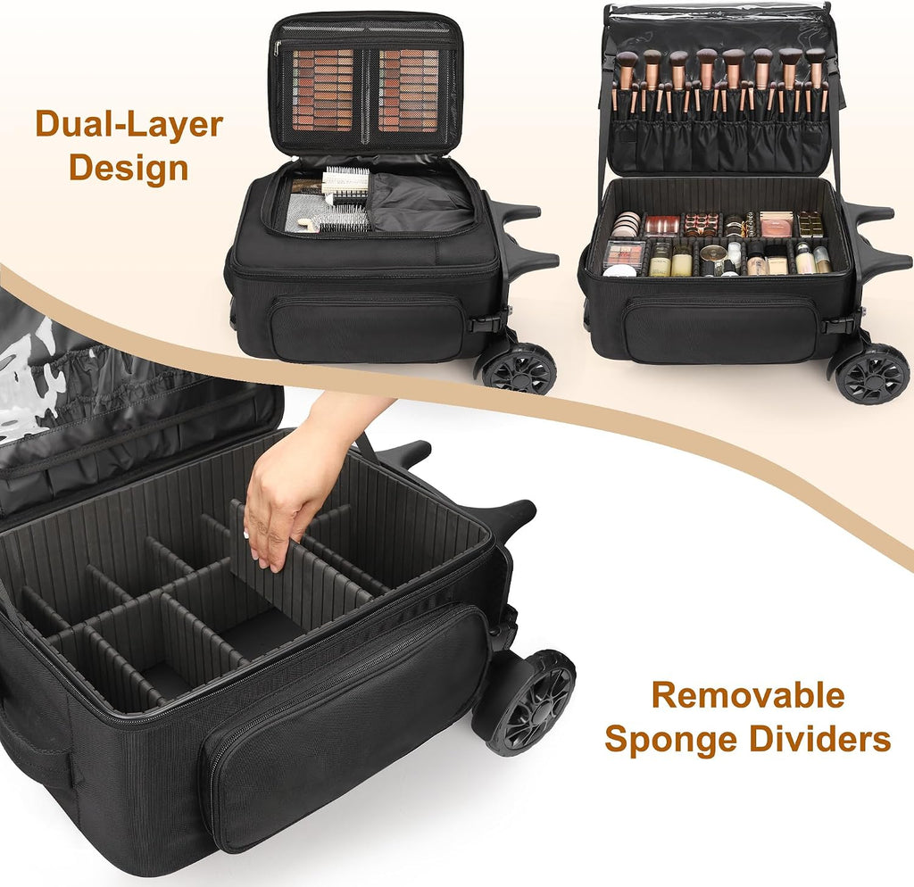 Relavel Rolling Makeup Case with 4 Small Makeup Bags, Large Make Up Travel Organizer with 2 big Wheels, Professional Lockable Makeup Artist Backpack with Adjustable Dividers for Daily Use - Black