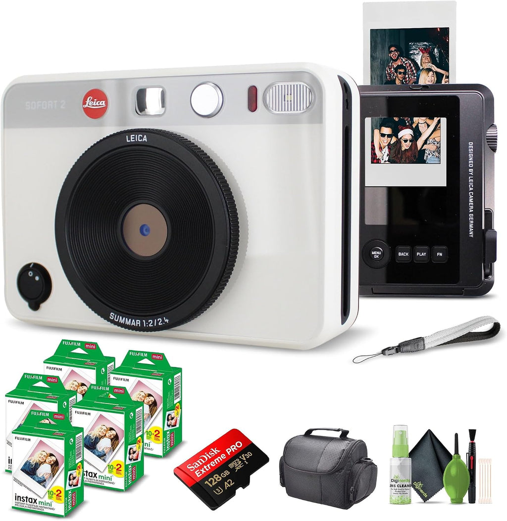 Leica Sofort 2 Hybrid Instant Photo Film and Digital Camera (White) (19188) with LCD Display Bundle with Fujifilm Instant Film 100 Sheets + 128 GB Memory Card + Bag + Cleaning Kit