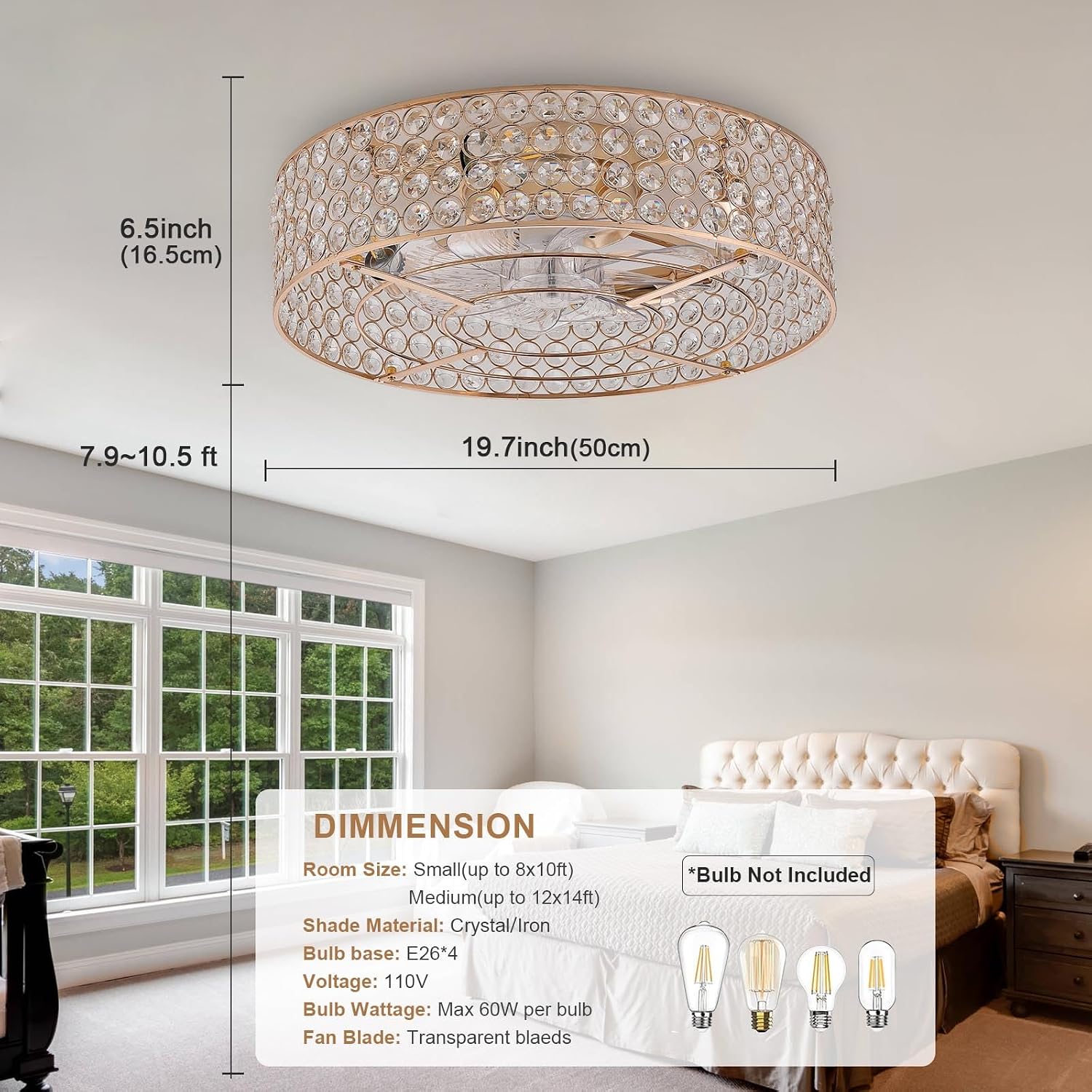 20 Inch Gold Crystal Fandelier Ceiling Fans with Lights, Ceiling Fans with Lights Remote Control, Mid Century French Caged Fandelier with 6 Speeds for Bedroom, Living Room