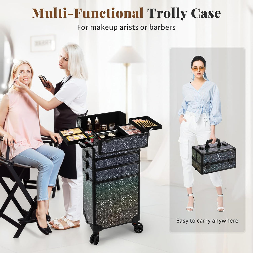 AROUS Rolling Makeup Train Case 5 in 1 Cosmetology Case on Wheels Large Cosmetic Organizer Travel Cart for Hairstylist Artist Nail Beauty Salon Barber,Black
