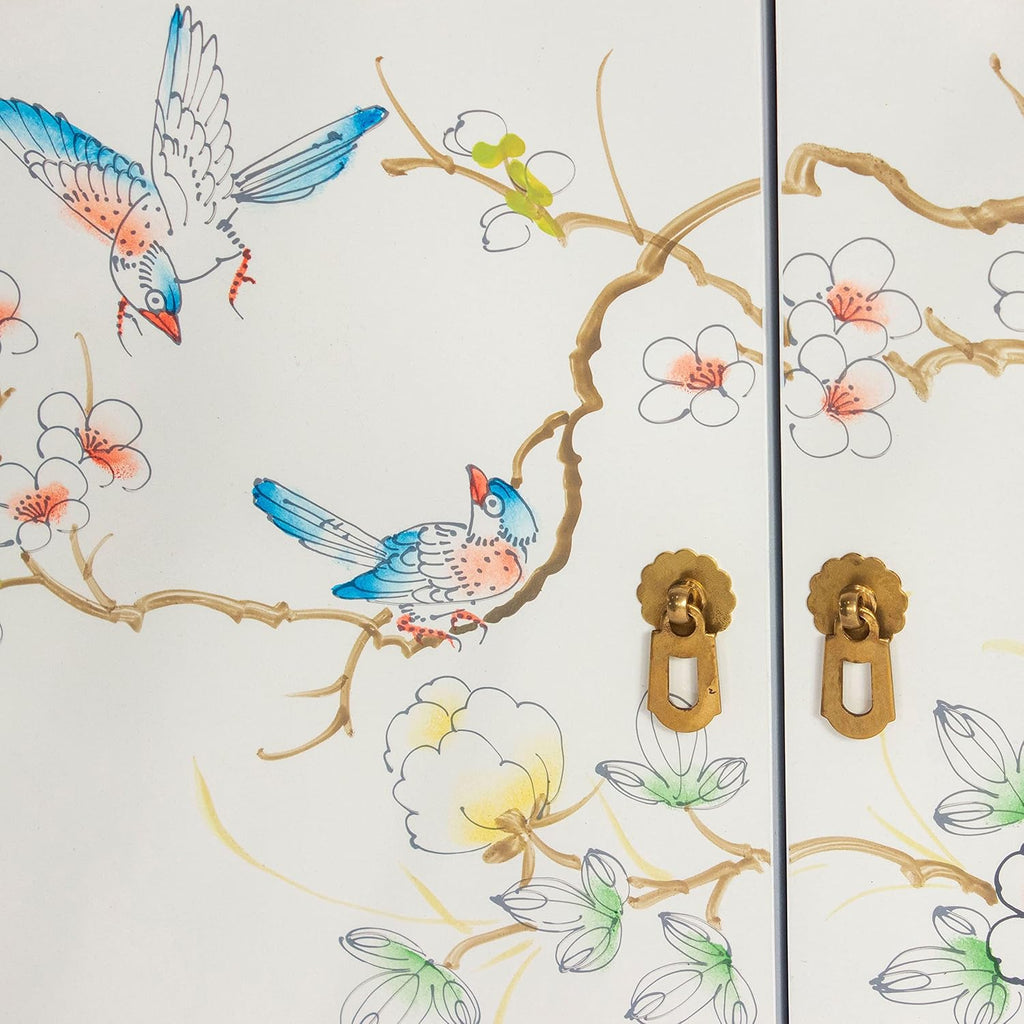 Red Lantern Artisan Crafted Lacquer Storage Cabinet - White with Hand-Painted Birds and Flowers