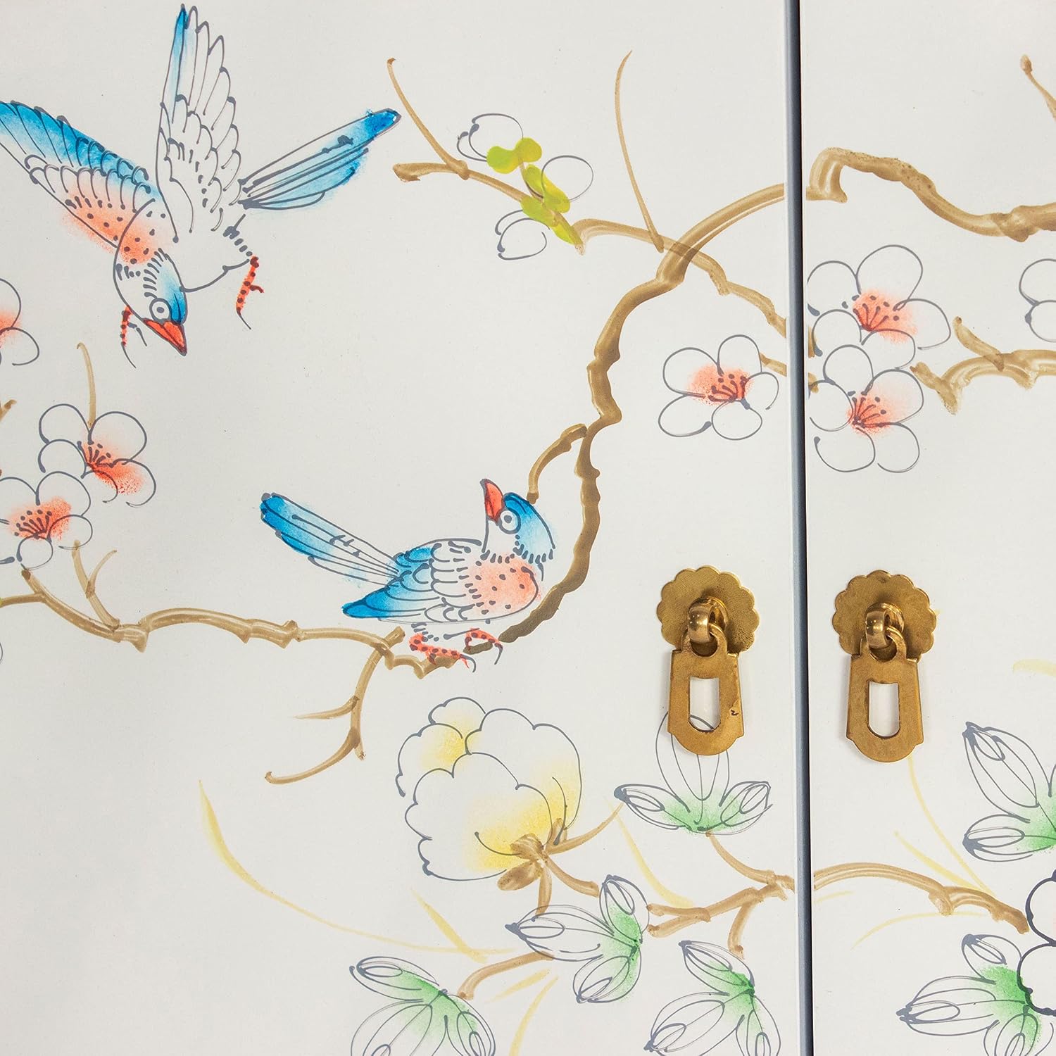 Red Lantern Artisan Crafted Lacquer Storage Cabinet - White with Hand-Painted Birds and Flowers